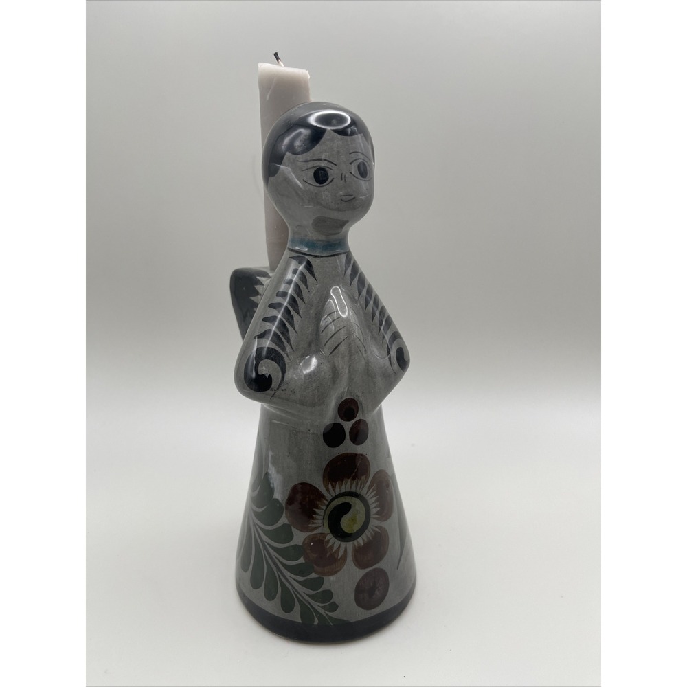 Hand-Painted Ceramic Angel Candle Holder - Gray Floral